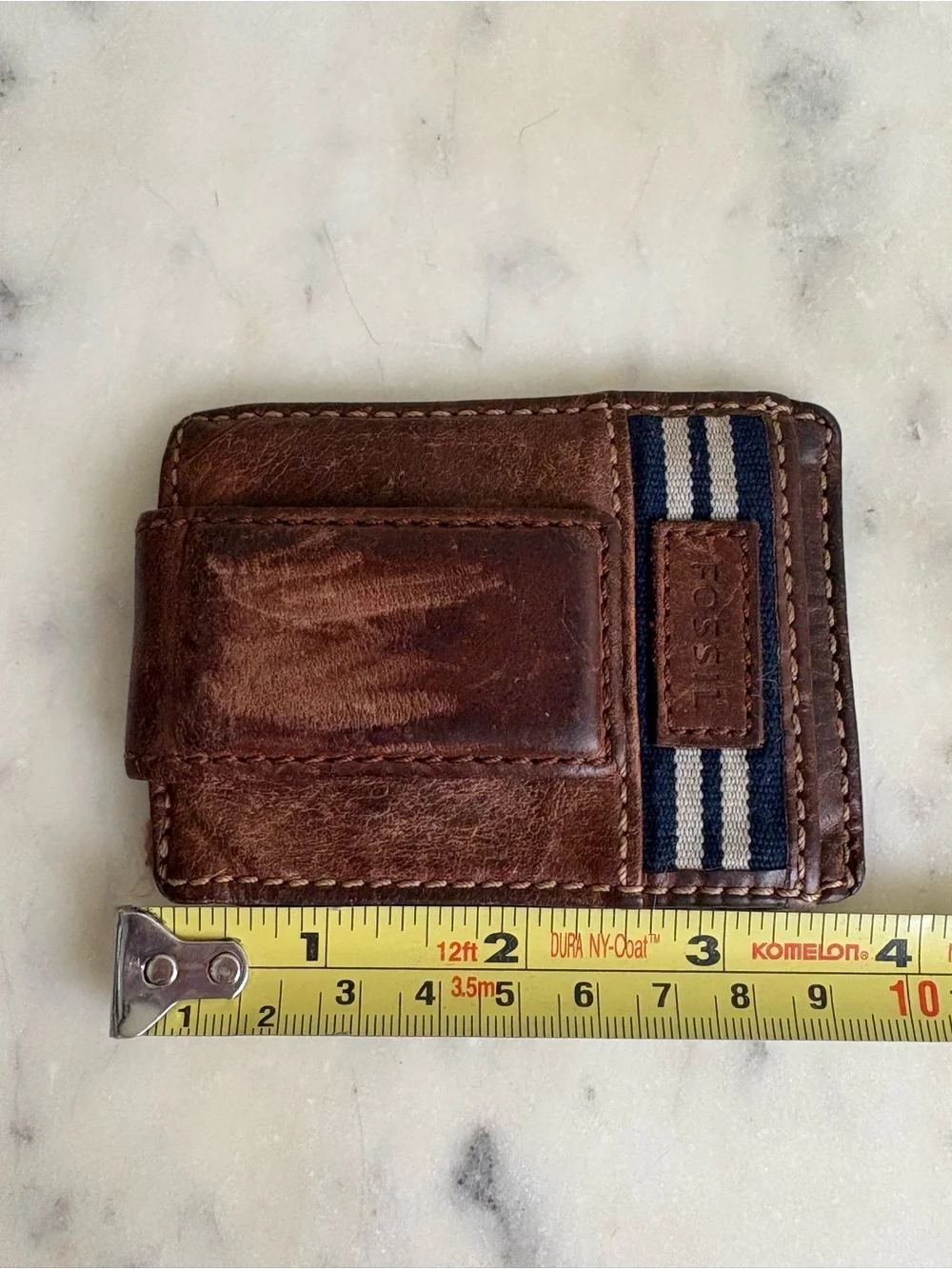 Fossil Leather Card Case/Magnetic Money Clip Brown/Navy Designer Masculine Cash